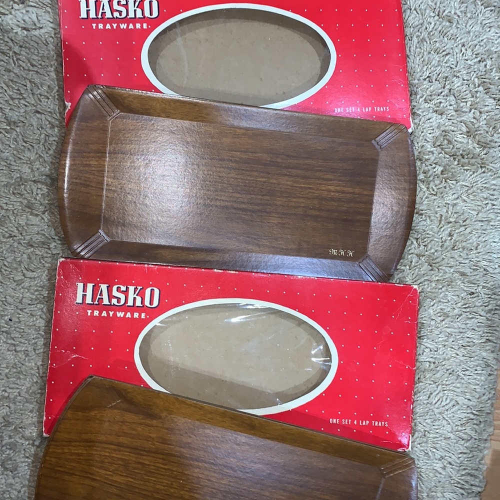 Set of 8 Antique Haskins wooden lap trays